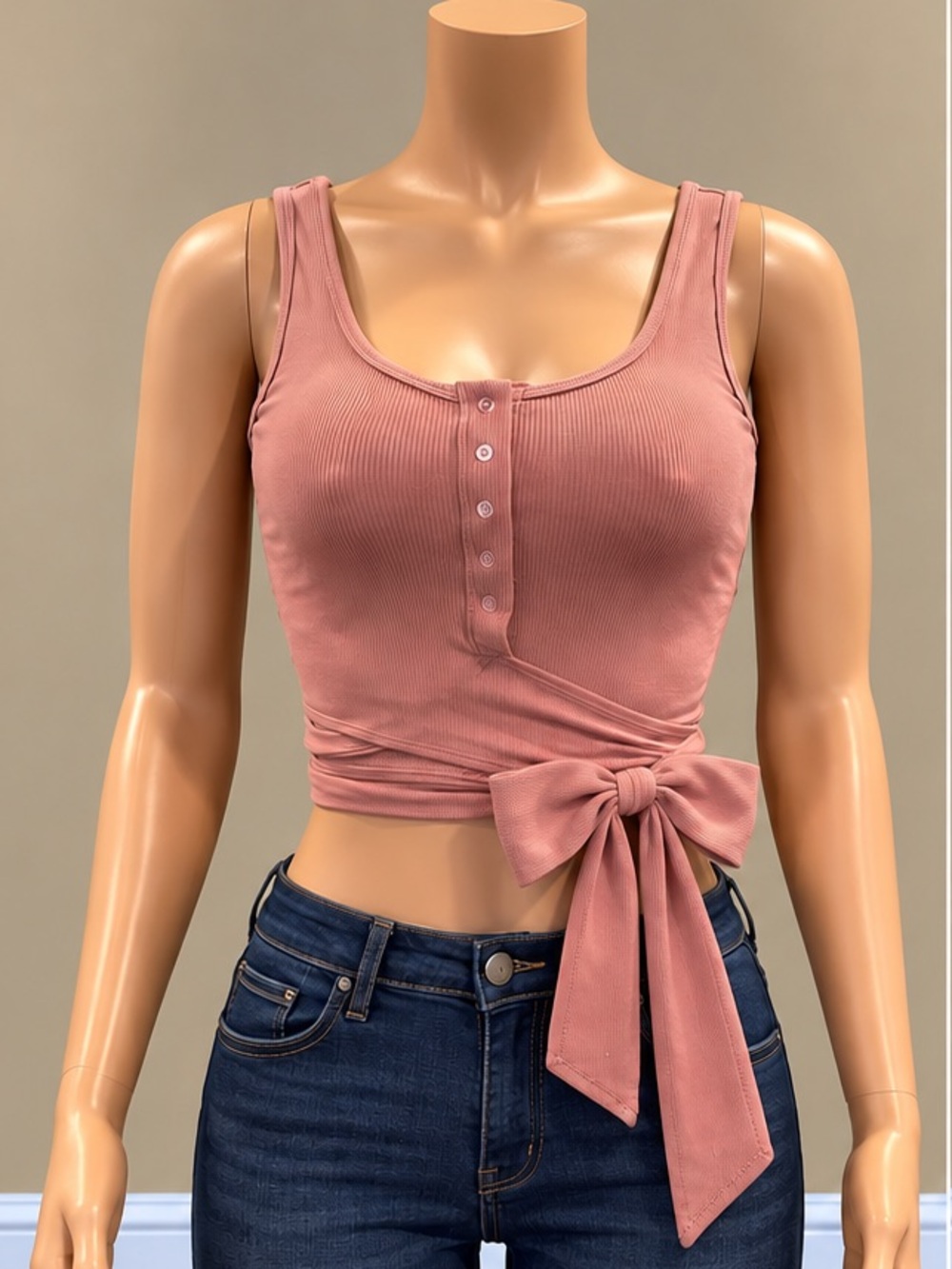 Diva Boutique Dusty Blush Ribbed Wrap Tie Front Crop Tank Top Multiway Small